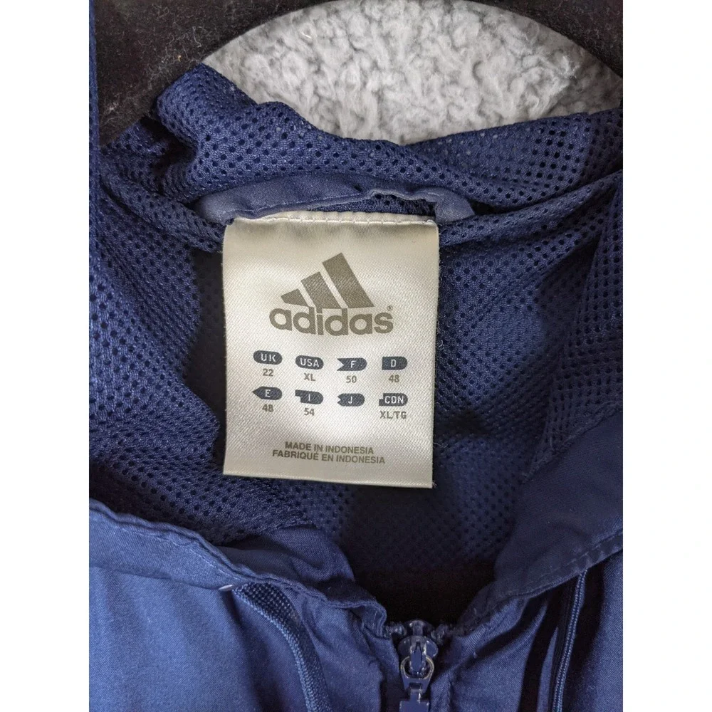 Vintage Adidas Windbreaker Jacket Mens XL Navy Blue 3 Stripe Mesh Lined Hooded